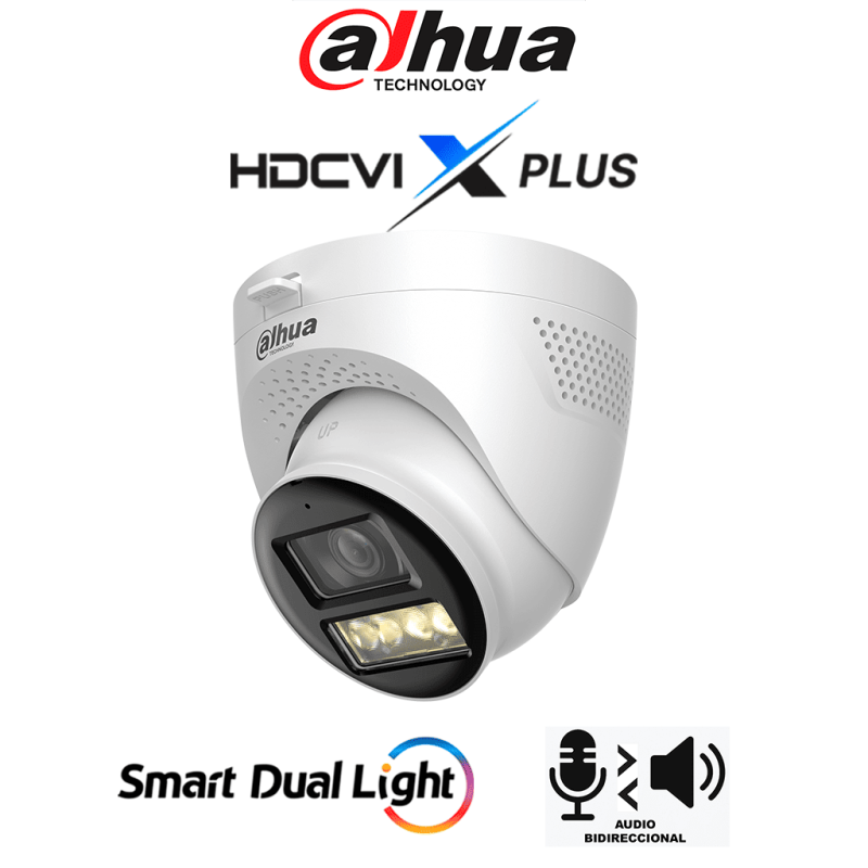 DH-HAC-HDW1500TQN-IL-T | DAHUA - Cámara Domo 5MP/ Mic Integrado y Audio Bidirec/ Iluminación Dual Mediante IR y Luz Calida/ Ha