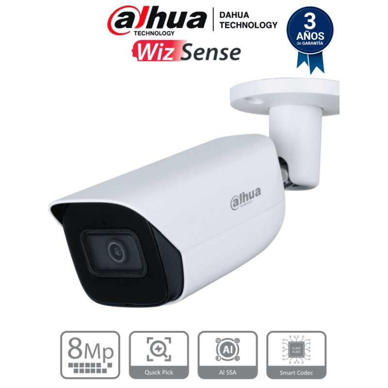 DH-IPC-HFW3841E-AS-S2 | DAHUA - Camara IP Bullet de 8 Megapixeles con IA/ WizSense/ Lente de 2.8 mm/ 107 Grados de Apertura/ H