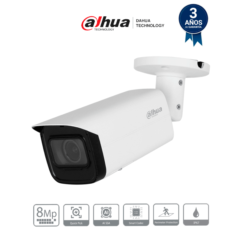 DH-IPC-HFW3841T-ZAS-S2 | DAHUA - Cámara IP Bullet 4K de 8 MP, lente motorizado 2.7-13.5 mm, ángulo 109°, IR 60m, IA WizSense,