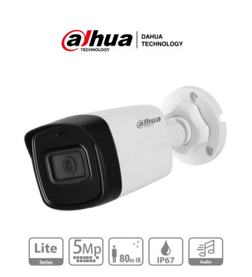 DH-HAC-HFW1500TLN-A-0280B-S2 | DAHUA - Camara Bullet de 5 Megapixeles/ Microfono Integrado/ Lente de 2.8mm/ IR de 80 Mts/ IP67